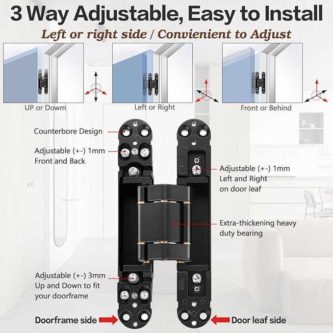 Onedaful 2 Kits 7 inch Stainless Steel Hidden Door Hinges Invisible Hinges for Door, 180 Degree Swing Concealed Hinges, 3 Way Adjustable & Heavy Duty for Secret Door (Load-Bearing Up to 170lbs)