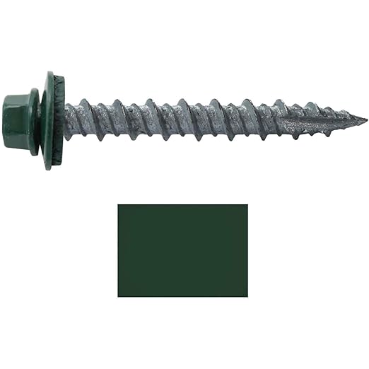 10 x 1-1/2" Ivy Green Metal Roofing Screws - Hex Washer Head- Self-Starting/Tapping - EPDM Washer. 1 x 250 Count Bag - 250 Screws