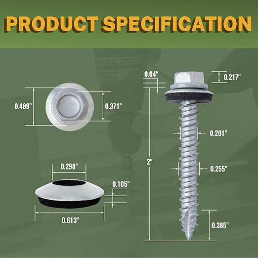 LIONMAX Metal Roofing Screws #14 x 2 Inch, 300-PCS, Rustproof Coating Hex Head Sheet Metal Roof Screws, Rubber Washer, Sharp Point, Metal to Wood Siding Screw, Hex Socket Included
