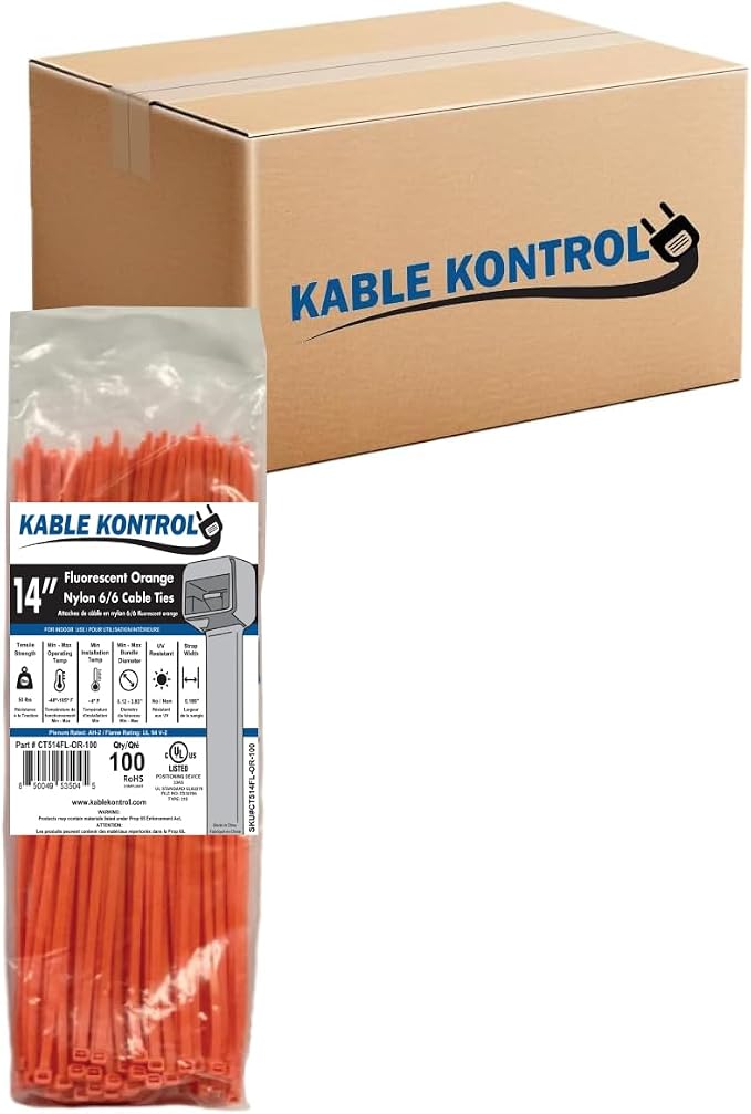 Kable Kontrol Cable Zip Ties, 14 Inch, 6000 Pcs, 50lbs Test, FL Orange | Nylon Plastic, Self Locking, UL Listed, Indoor Use