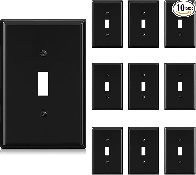 ELEGRP Large Size Toggle Switch Wall Plate, 1-Gang Light Switch Covers, Unbreakable Polycarbonate Replacement Faceplates Covers, UL Listed, Color-matched Screws Included (10 Pack, Glossy Black)