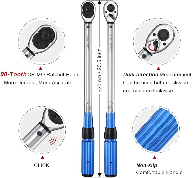 BULLTOOLS 1/2-inch Drive Click Torque Wrench Set Dual-Direction Adjustable 90-tooth Torque Wrench with Buckle（10-160ft.lb / 10-220Nm）