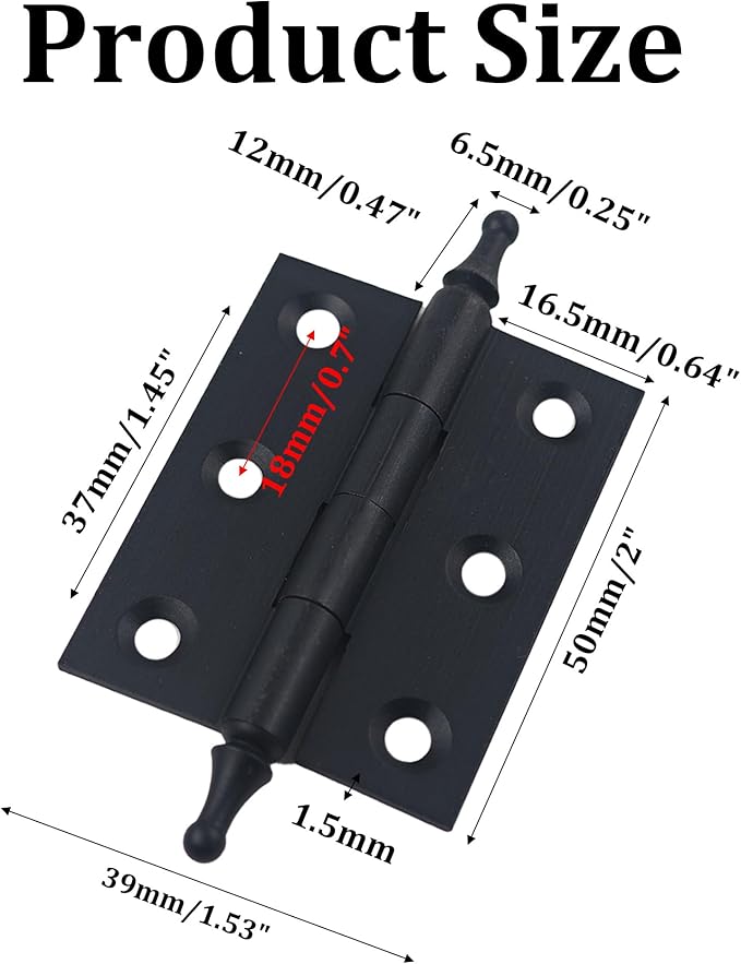 2 Inch Antique Style Solid Brass Butt Hinges with Ball Finials, Black Plated Butt Hinges with for Furniture Cabinet Drawer Door, 2PCS