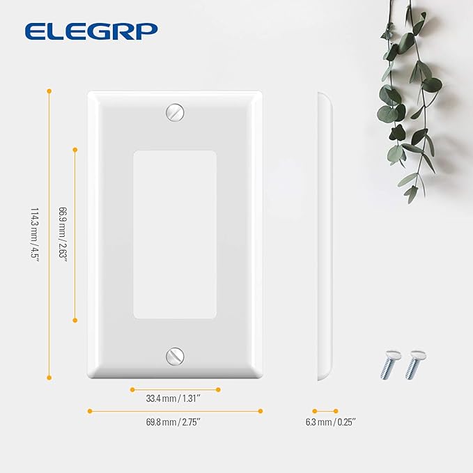 ELEGRP Decorative Receptacle Wall Plate, 1-Gang Standard Size Decorator Covers, Unbreakable Polycarbonate Faceplates for Decorator Device, UL Listed, Screws Included (20 Pack, Glossy White)