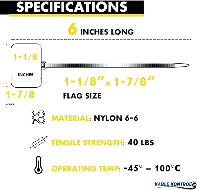 Kable Kontrol Write-On Flag Identification Zip Ties 6 Inch 5000 Pcs Yellow | Cable Markers 1‑7/8" x 1‑1/8" Writable Wide Flag Self‑Locking Nylon Marker Cable Ties for Cable Labeling
