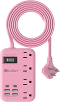 6 USB(2 USB C) Pink Extension Cord- 5Ft Travel Power Strip with 24W USB Charging Station and 4 Outlets, Pink Desk Accessories with Surge Protector for Cute Kawaii Gifts College Dorm Desk