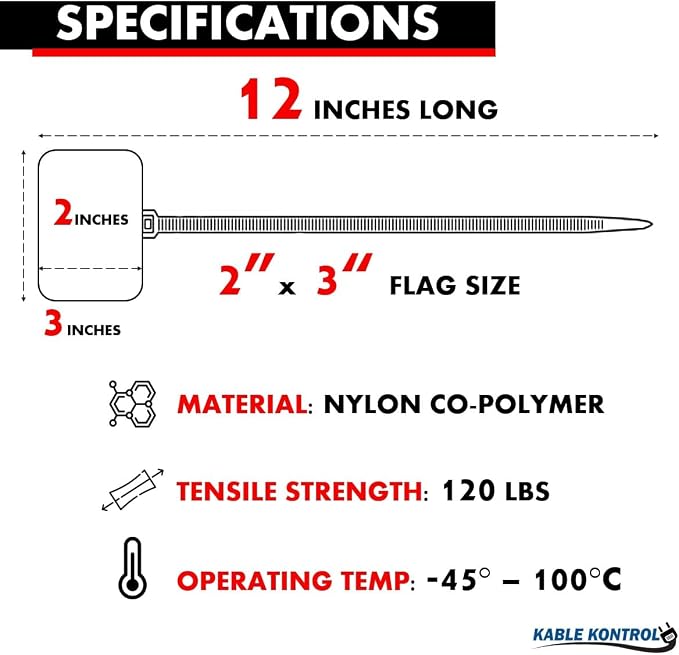 Kable Kontrol Cable Marker Identification Zip Ties 12 Inch 1000 Pcs – Red | Large ID Flag Label Straps, Self-Locking Write on Tags for Ethernet, Power, and Cord Labeling