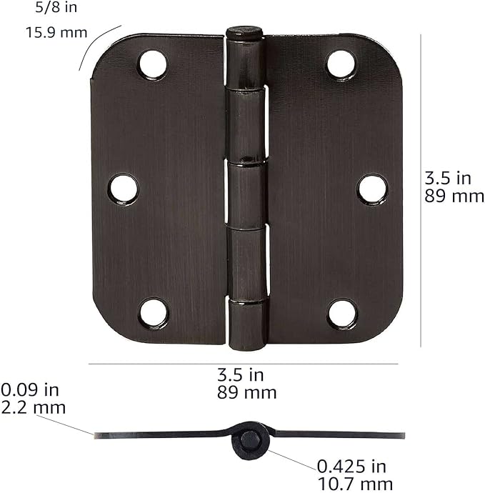 Amazon Basics Rounded 5/8 Radius Interior Door Hinges with Screws, 3.5" x 3.5", Oil Rubbed Bronze, 36-Pack
