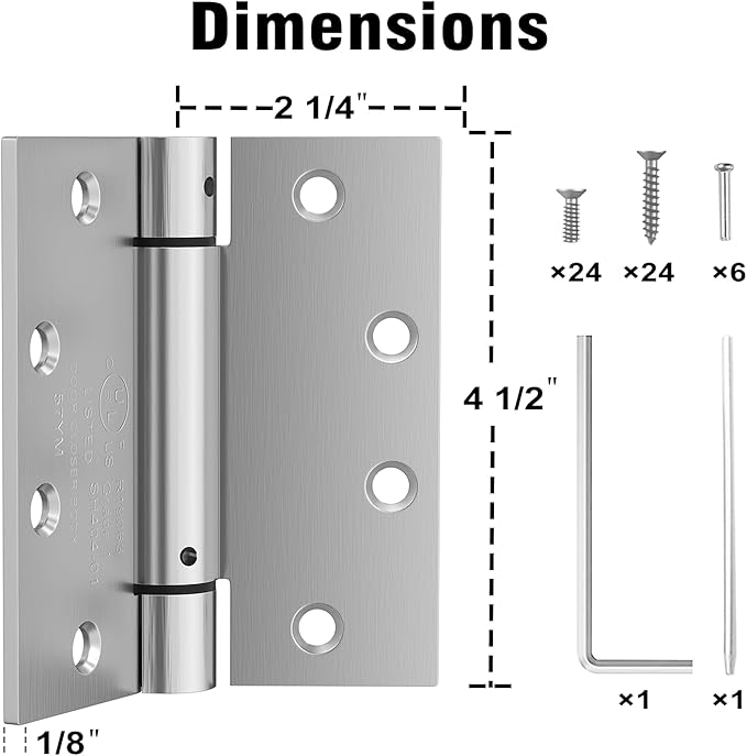 3 Pack Self Closing Door Hinges, 4.5 Inch Spring Loaded Door Hinges with Square Corners, Adjustable Tension for Garage, Front, Back Door, UL Listed, Left and Right Hand