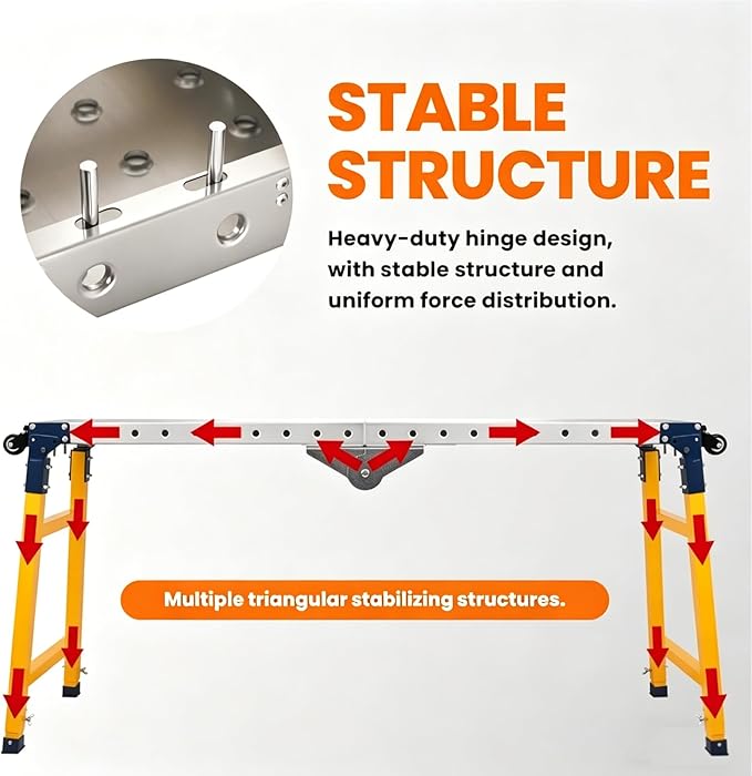 Adjustable Height Work Platform 2000 LBS 65"x12", Height 29" to 48" Folding Steel Work Bench, Portable Scaffold Ladder for Drywall, Painting & Home Renovation