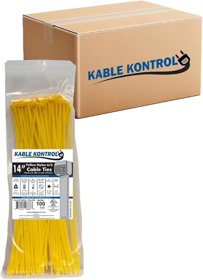 Kable Kontrol Cable Zip Ties, 14 Inch, 6000 Pcs, 50lbs Test, Yellow | Nylon Plastic, Self Locking, UL Listed, Indoor Use