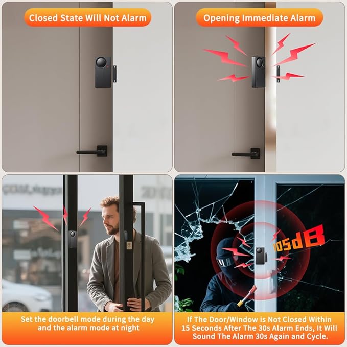 WSDCAM 110dB Door Alarm with Remote, Wireless Anti-Theft When Opened, Door Bells Chimes, Magnetic Security Alarms for Door, Window, Cabinet, Pool Safety for Kids, Alzheimer's Care Black