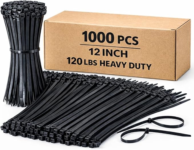 Black Zip Ties 12 Inch Heavy Duty 120 lb Tensile Strength, 0.3" Thick Nylon 66 Cable Ties, UV Resistant Self Locking Wire Ties for Outdoor Use, Bulk 1000 Pack ﻿