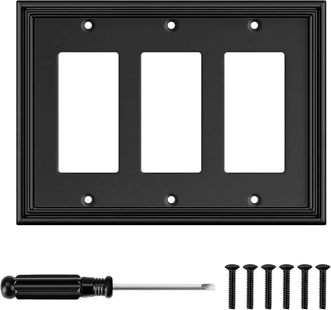 Black Modern Decorative Wall Plate Light Switch Cover Decorator Outlet Covers Rocker Switch Plates Bamboo Fiber Material Wall Plates for Kitchen Bathroom (3 Gang Triple Decorator-1 Pack)