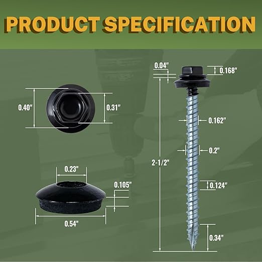 LIONMAX Metal Roofing Screws #10 × 2-1/2 Inch, 300-PCS, Black Painted Hex Head Sheet Metal Roof Screws, Rubber Washer, Sharp Point, Metal to Wood Siding Screw, Hex Socket Included
