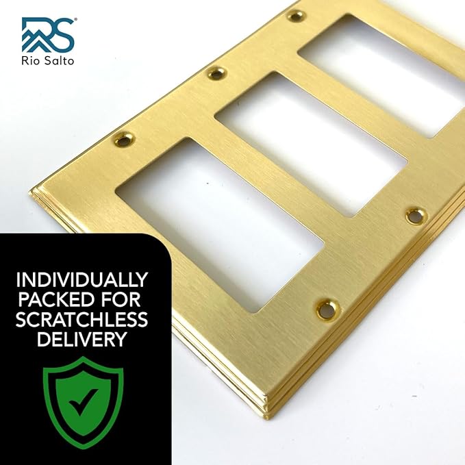 Rio Salto Outlet Covers Duplex Receptacle Wall Plate Electrical Outlet Cover 5 Pack 1 Gang BRASS Brushed Brass Gold Metal Decorative Wall Plates — Deco Collection, Standard Size, 4.50" X 2.75"