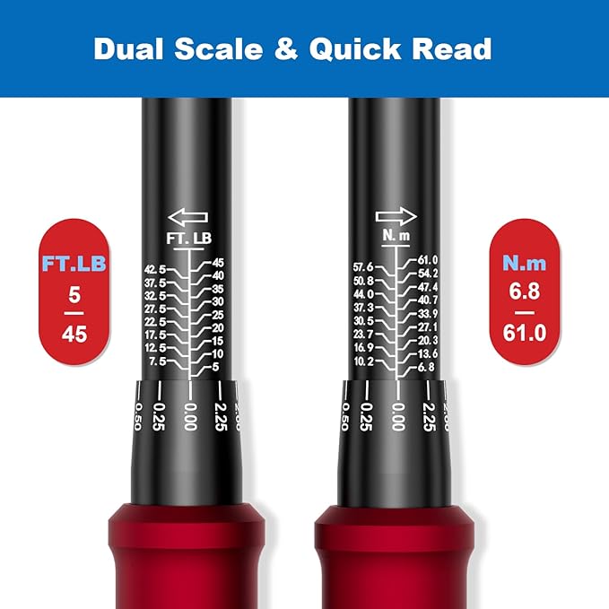 3/8" Click Torque Wrench, 5-45 Ft.Lb, for Bike, Moto, Spark Plugs | 6.8-61Nm, ±3% Accuracy, Dual-Direction Adjustable 72 Tooth, Click Type Torque Wrench, for Oil Drain, Engine Repair & ATV/MTB