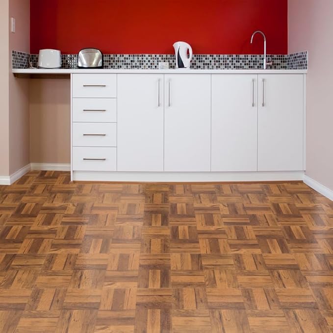 Tivoli Self Adhesive Vinyl Floor Tiles, 45 Tiles - 12" x 12", Three Finger Medium Oak Parquet - Peel & Stick, DIY Flooring for Kitchen, Dining Room, Bedrooms, Basements & Bathrooms by Achim Home Decor