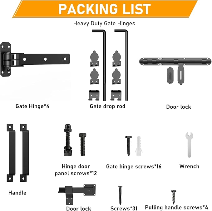 Heavy Duty Gate Hinges, 13" Bolt-On or Weld-On Hinges with Slide Bolt Gate Latch, Cane Bolts, Door Handles, 180° One-Way Open Gate Hinge for Double Wooden Door/Metal Gates,Garden Gates, Fence, Barn
