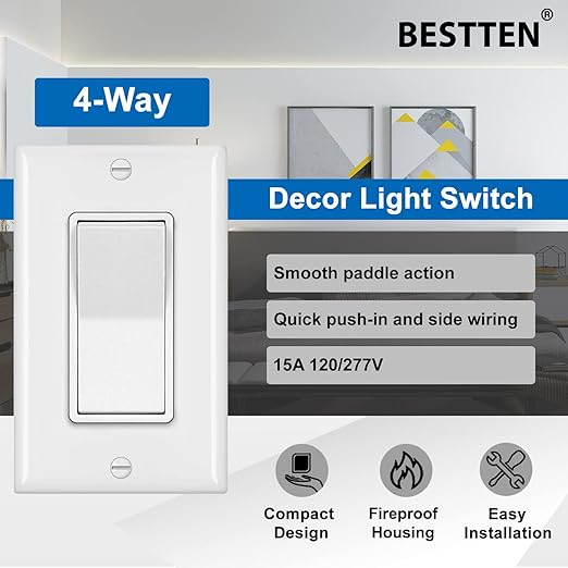 BESTTEN 2 Pack 4-Way Decorator Wall Light Switch with Wallplate, 15A 120/277V, On/Off Paddle Rocker Interrupter, Self-Grounding, UL Listed, White