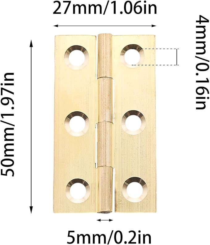 8 Pcs 27mmx50mm / 1.06" x 1.97" Gold Mini Hinges, 2 Inch Solid Brass Folding Butt Hinge, Cabinet Hinge for Jewelry Box, Drawer Cabinet Furniture