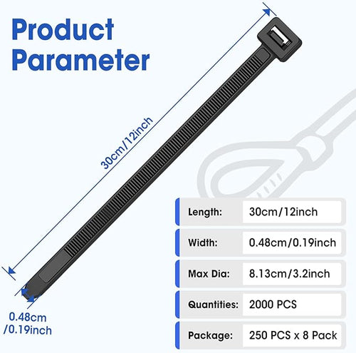 12 Inch 2000 PCS Zip Ties, Cable Ties 50lbs Tensile Strength, Black Zip Ties for Indoor and Outdoor Use, UV Resistant Wire Ties