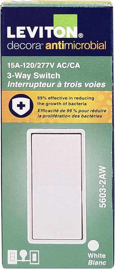 Leviton Antimicrobial 15 Amp 120/277V Decora Rocker 3-Way AC Quiet Switch, 5603-2AW, White