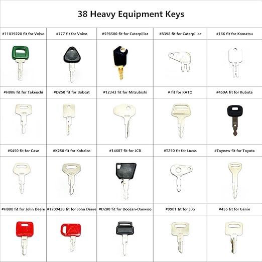 38PCS Heavy Construction Equipment Keys Set,Machinery Operator Ignition Keys Compatible with Volvo John Deere CAT JCB Case Genie Bobcat Hyster Komatsu Kobelco Kubota Hitachi