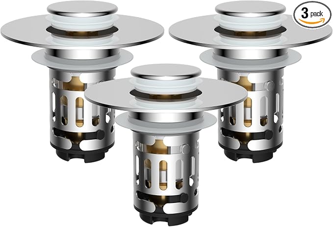 Hibbent 3 Pack Upgraded 3 in 1 Bathroom Sink Drain Strainer, Universal Pop Up Stopper with Removable Stainless Steel Filter Basket Hair Catcher, Sink Plug for 1.1''~2.36'' Basin, Brass Core, Chrome