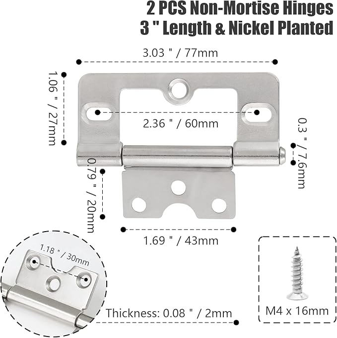 2PCS Non-Mortise Hinges 3 inch Nickel Door Hinges with Mounting Screws, Chest Hinges Heavy Duty Bifold Door Hinges Iron Cabinet Hinges, Precision Butt Hinge for Furniture Windows Cupboard