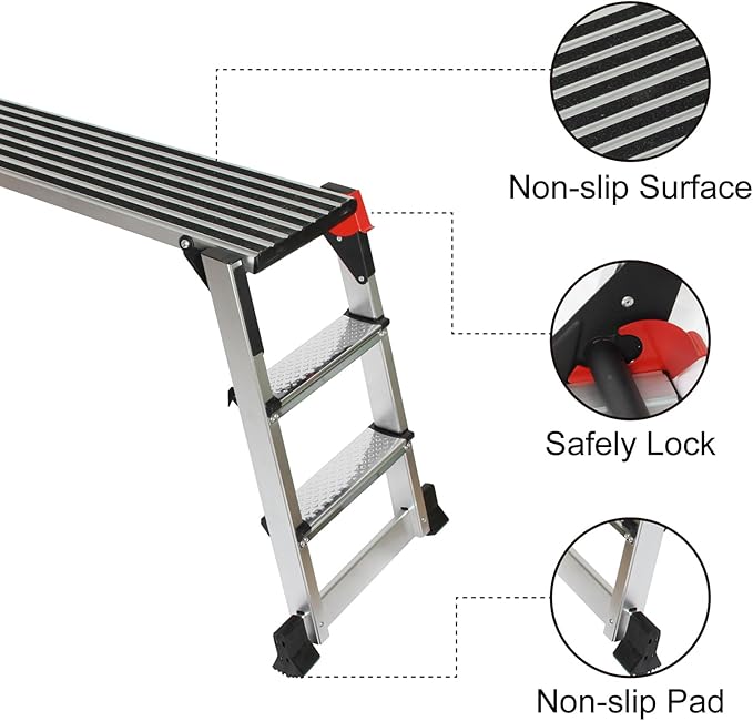 LEADALLWAY Aluminum Work Platform 50""x12"" 2 Step Ladder Folding Portable Work Bench with Non-Slip Mat Capacity 660 LBS Heavy Duty, Silver