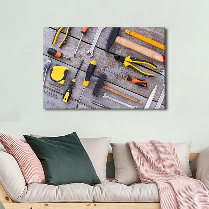 TUMOVO 1 Panels Wall Art for Office Various Tools for Working in the Workshop Picture Wrench Tape Measure Tape Glove Poster Canvas Print Artwork Home Study Repair Shop Wall Decor ((16" Wx24 H)