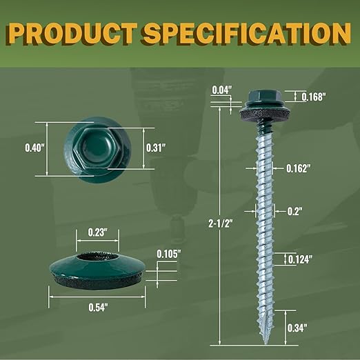 LIONMAX Metal Roofing Screws #10 × 2-1/2 Inch, 300-PCS, Forest/Ivy Green Painted Hex Head Sheet Metal Roof Screws, Rubber Washer, Sharp Point, Metal to Wood Siding Screws, Hex Socket Included