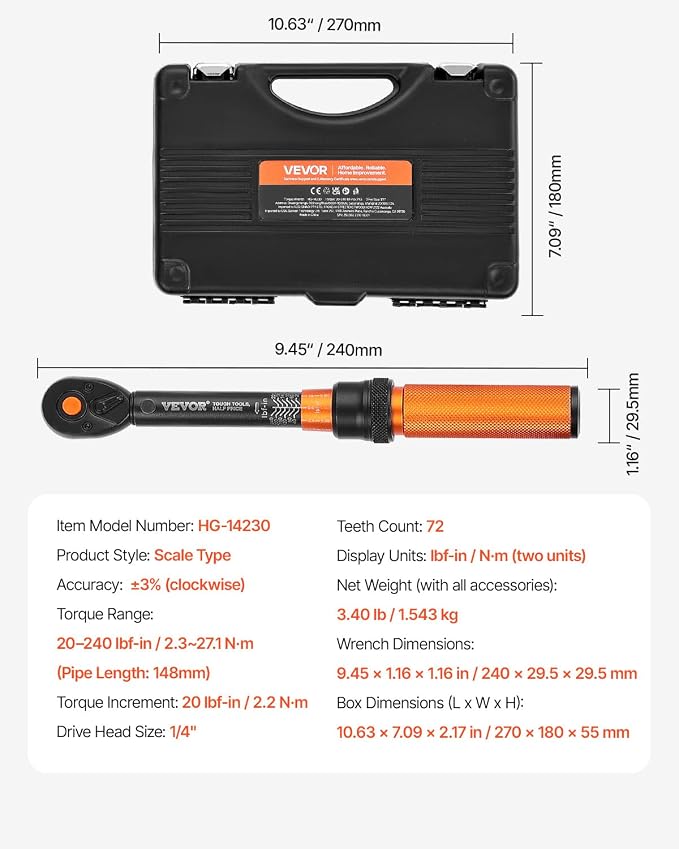 VEVOR 50Pcs Torque Wrench Set, 1/4 Inch Drive, 20-240IN.LB(2.3-27.1Nm), 72-Tooth Inch Pound Click Torque Wrench with Bit Sockets, Adapters, for MTB, E-Bike, Motorcycle