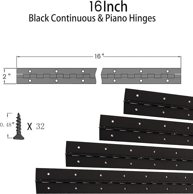 2PCS 16Inch Heavy Duty Piano Hinge,0.05" Thickness,2" Open Width Stainless Steel Black Continuous &Piano Hinge with Holes and Screws.