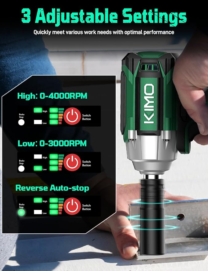 KIMO Impact Wrench 1/2 Cordless, Impact Gun for Car Tire, 20V Impact Driver | 550N.m (410ft-lbs), 4000RPM/3500IPM , 4 Sockets, 9-Piece Drill& Driver Set, Safety Lock, Variable Modes, 2 x 4000mAh Battery