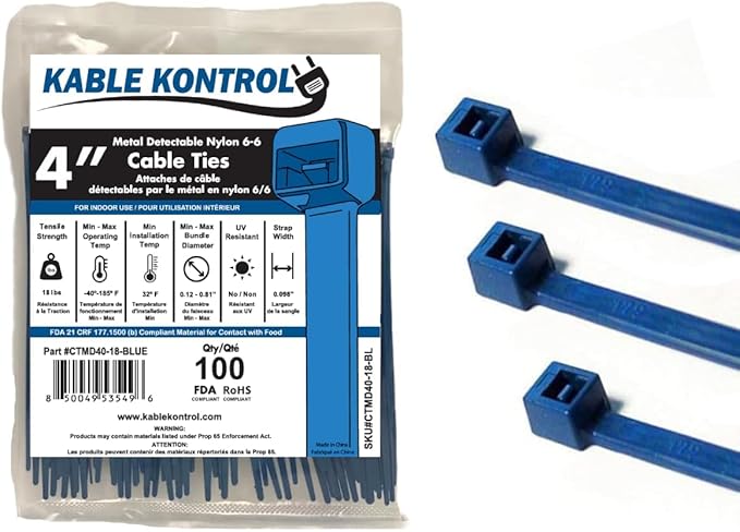 Kable Kontrol Metal Detectable Blue Zip Ties 100 Pcs, 4 Inch, 18 Lbs Test | Iron Infused Cable Ties, Self-Locking, Metal Detector Compatible, Material Complies FDA Standards