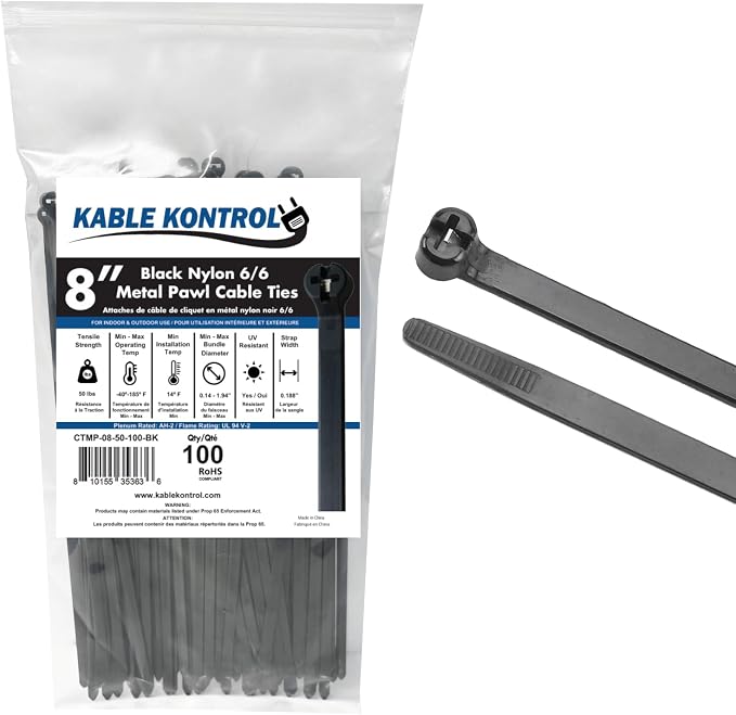 Kable Kontrol Metal Pawl Cable Ties 8 Inch 100 Pcs, 50 Lbs Test – Black | Metal Tooth, Stainless Steel Toothed Self-Locking Ties, UV Resistant Steel Barb Zip Ties for Indoor & Outdoor Use