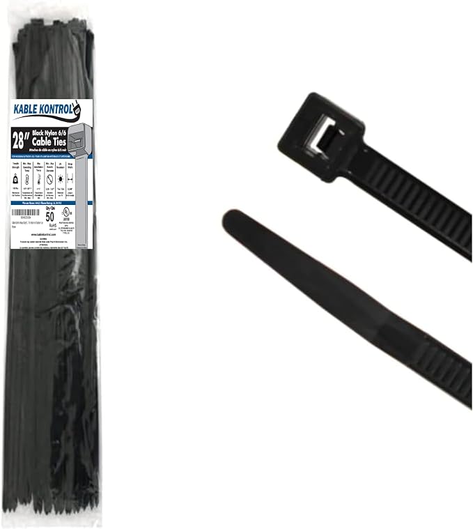 Kable Kontrol Cable Zip Ties, 28 Inch, 50 Pcs, HD 175lbs Test, Black | Nylon Plastic, UV-Resistant, Self Locking, UL Listed, Indoor & Outdoor Use