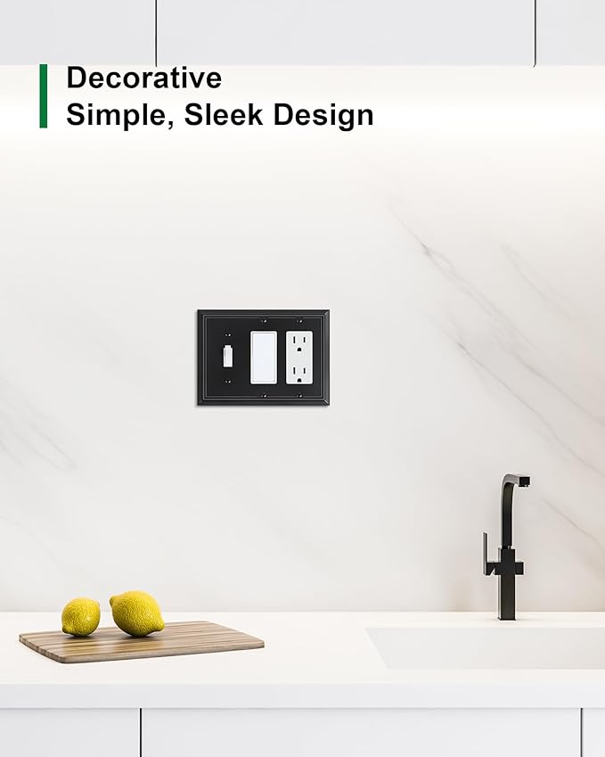 2-Pack Combo Toggle/Double Decorator Outlet Cover Plate, Black Decorative Switch Plates and Outlet Covers, Durable Natural Bamboo Fiber Wall Plates for Electrical Outlets, Receptacle, GFCI Outlet