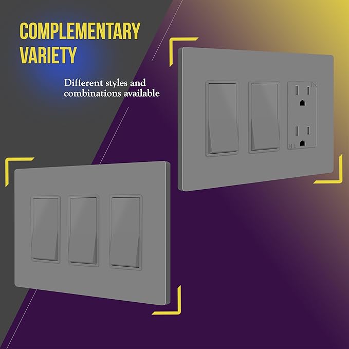 ENERLITES Screwless Decorator Wall Plates Child Safe Outlet Covers, Gloss Finish, Medium Size 3-Gang 4.88" H x 6.77" L, Unbreakable Polycarbonate Thermoplastic, SI8833M-GY, Gray