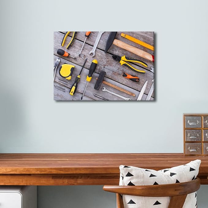 Various Tools for Working in the Workshop Picture 1 Panels Canvas Wall Art Bedroom Wrench Tape Measure Tape Glove Poster Framed Artwork for Farmhouse Living Room Wall Decor (12" Wx18 H)