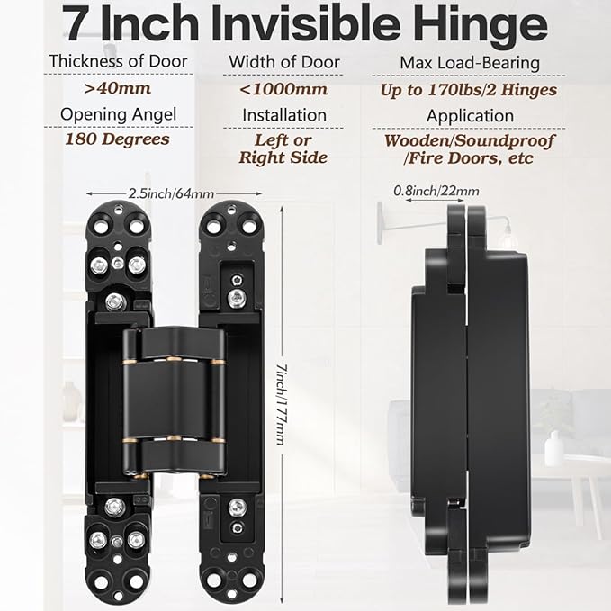 Onedaful 2 Kits 7 inch Stainless Steel Hidden Door Hinges Invisible Hinges for Door, 180 Degree Swing Concealed Hinges, 3 Way Adjustable & Heavy Duty for Secret Door (Load-Bearing Up to 170lbs)