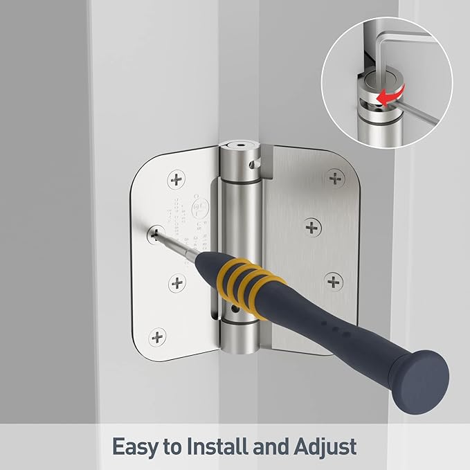 HOSOM Self Closing Spring Loaded Hinges, 4 Inch, Adjustable Tension for Garage, Front, Back Door, UL Listed, Left and Right Hand, 5/8'' Radius Corners, Brushed Nickel, 2 Pack