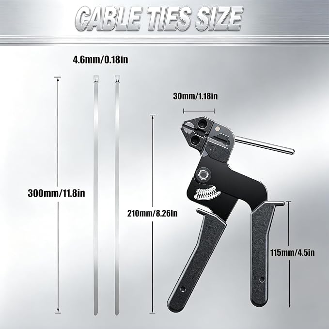 300PCS 11.8Inch Silver 304 Steel Cable‑Ties Kit with Tie‑Gun & Work Gloves | High‑strength 304‑steel zip ties provide long‑lasting secure fastening for outdoor‑fence installations.