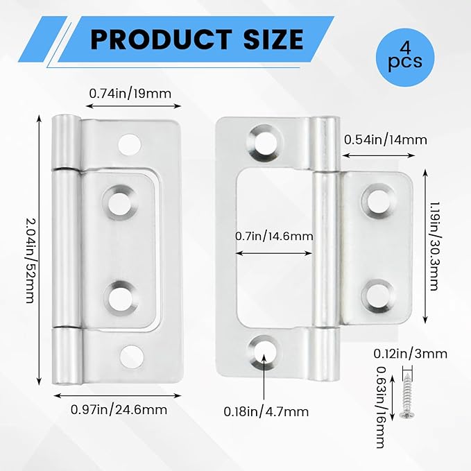 SDTC Tech 4-Pack Non-Mortise Door Hinges Bifold Butt Cabinet Hinges with Screws for Furniture Windows Cupboard etc. - 2 x 0.9 Inch, Silver
