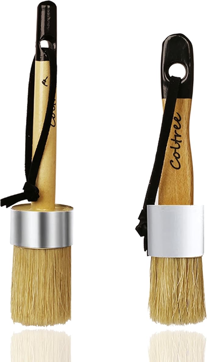 Chalk Paint Brushes for Furniture, 2 Pcs Boar Hair Bristles Round/Flat Wax Paint Brushes, Suitable for Chalk Paint and Wax