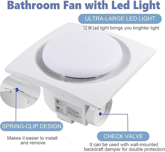 Nalle Ventilation Fans Bathroom Exhaust Fan with Light 9.6 inch Panel 6000K 12W Round LED 112 CFM 1.0 Sones 4 Inch Duct,110V Ceiling Mount Exhaust Fan for Shower,Bathroom,Office,Home(YFL-200)