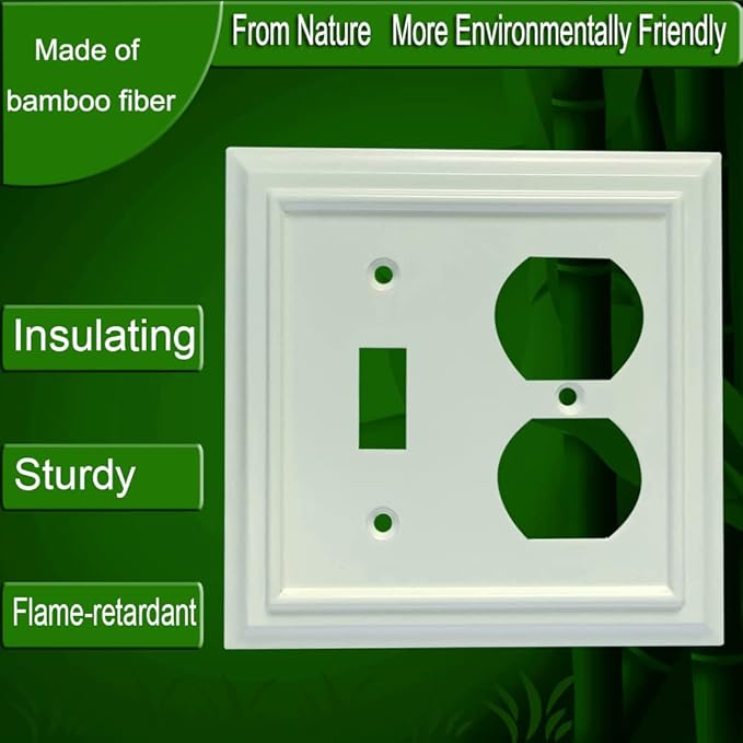 Wall Plates,Toggle Light Switch Plates/Duplex Receptacle Outlet Cover Combination, Bamboo Fiber Material Wall Plate, Standard Size Wall Plates of various styles, White (2 Gang Toggle/Duplex 2 Pack)