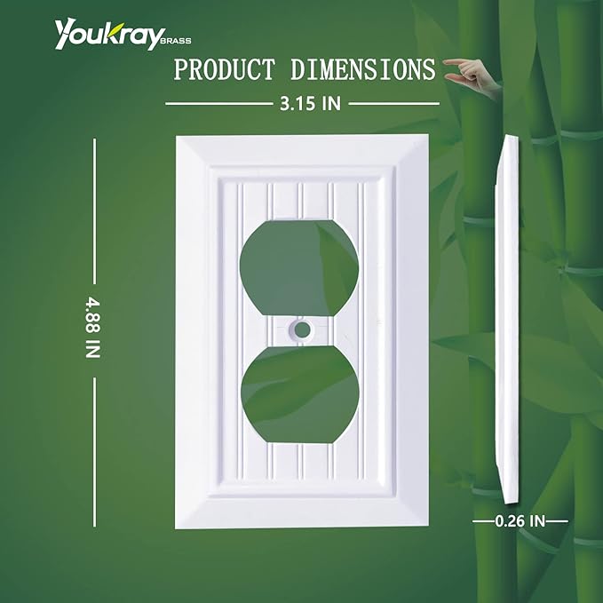 Pure White Classic Beadboard Wall Plates,Light Switch Covers,Electrical Outlet Covers, Switch Plates of Various Combination, Nature Bamboo Fiber Wall plate (1 Gang Duplex 4 Pack)